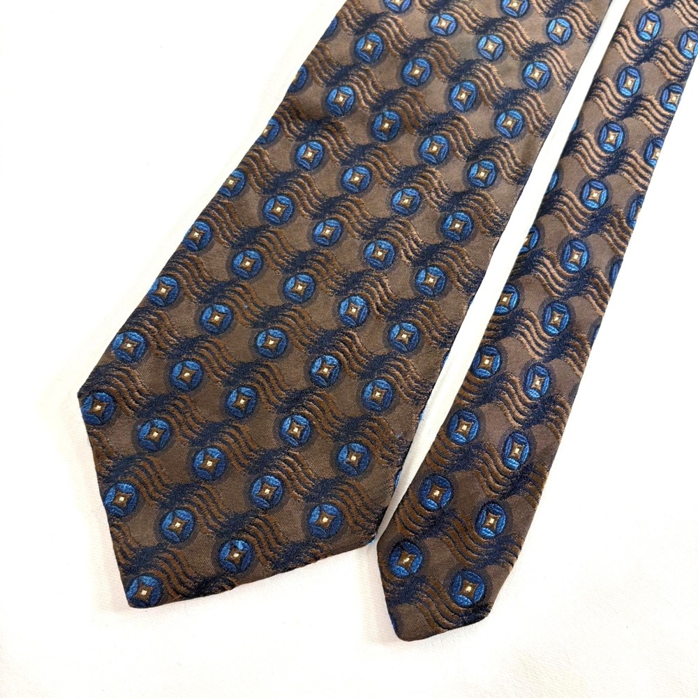 Benjamin James Silk Tie Brown Blue Geometric Medallion Made in England